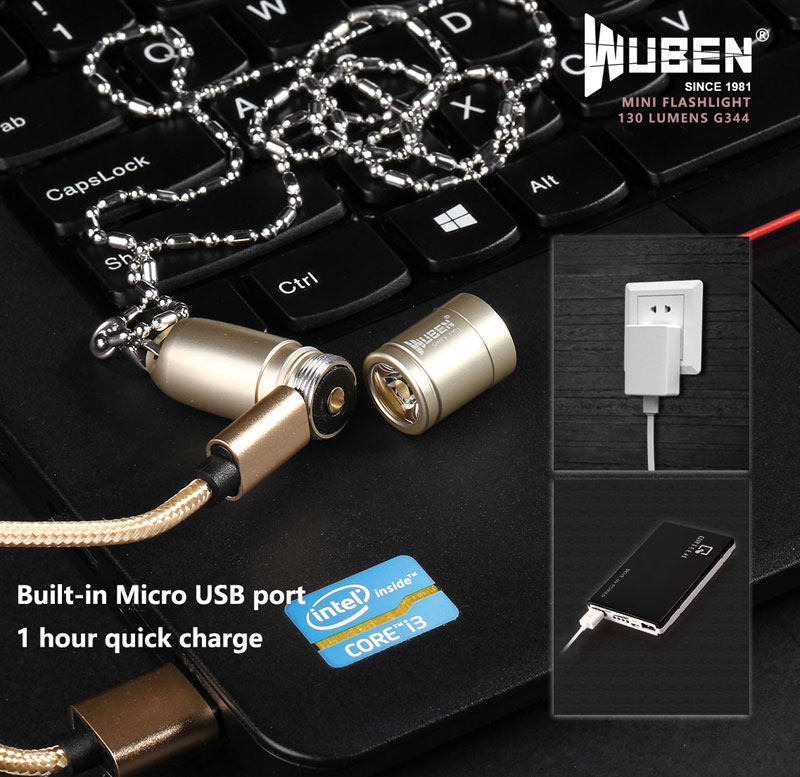 Wuben G344 Portable Keychain lampe de poche étanche IPX8 130 lumens rechargeable USB Mini Collier LED Lampes de poch